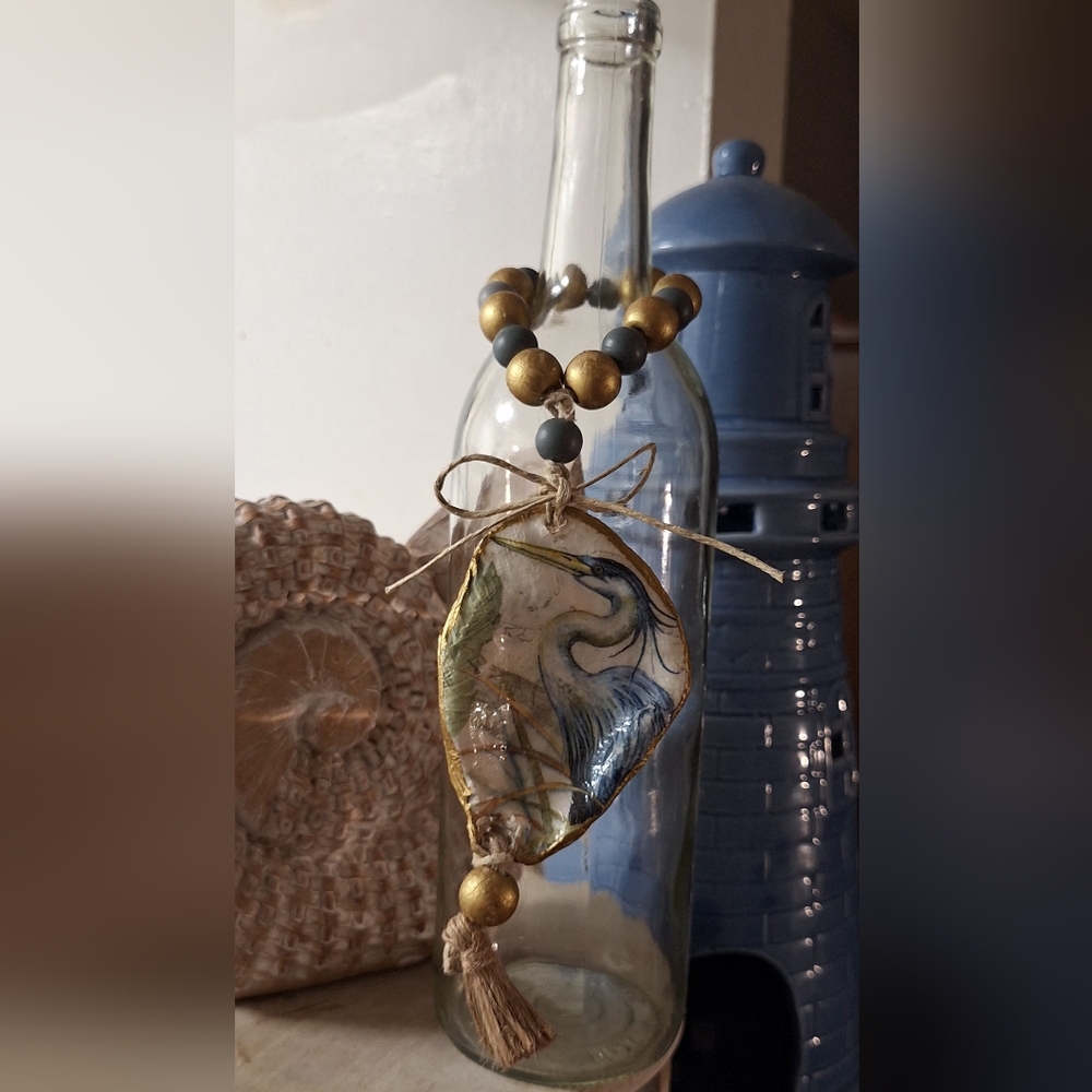 Beautiful, Elegant Blue Heron On the Marsh Decopoded Oyster Shell Ornament.